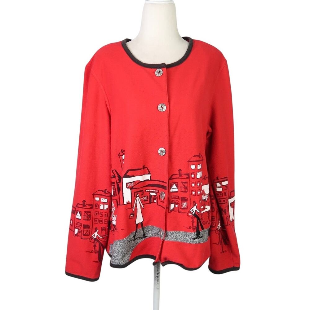 Vintage 90s Koret Red Cityscape and People Printed Cardigan Sweater M
